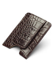 Flat magnetic leather money clip card holder, brown croc, front