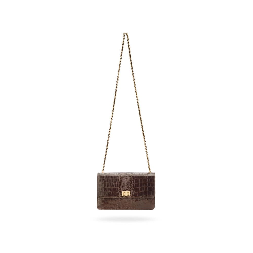 Leather chain bag, brown croc, chain strap