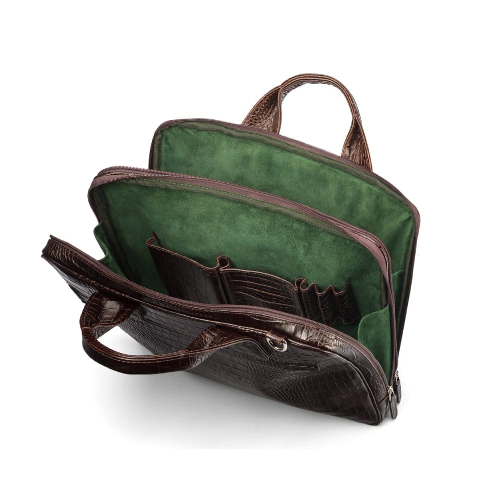 Leather 13" laptop briefcase, brown croc, inside