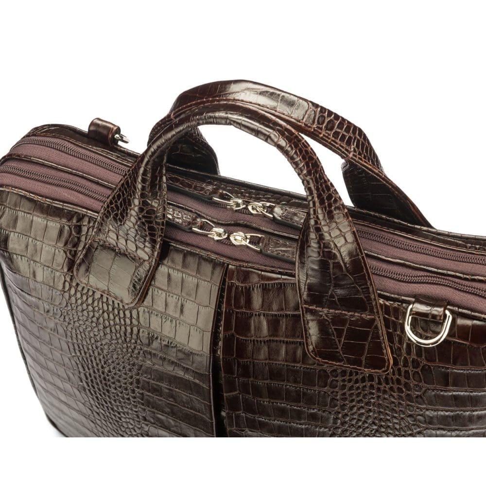 Leather 13" laptop briefcase, brown croc, zip closure