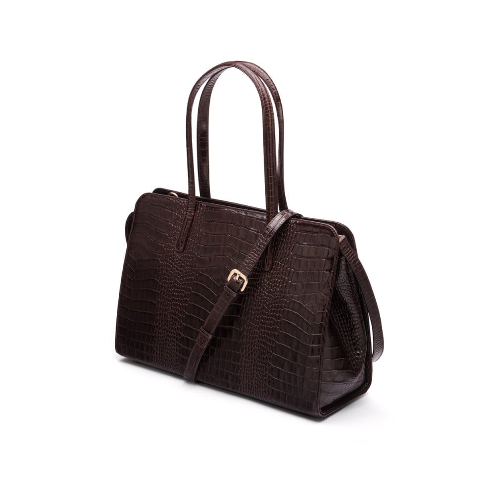 Ladies' leather 15" laptop handbag, brown croc, with shoulder strap