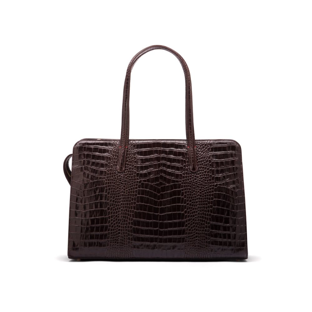 Ladies' leather 15" laptop handbag, brown croc, front