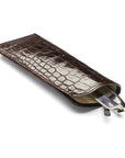 Large leather glasses case, brown croc, open