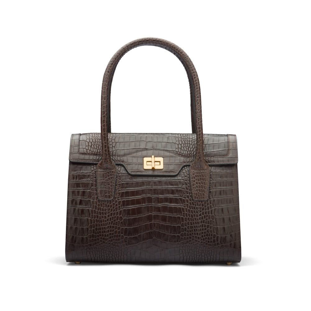 Large leather Morgan bag, brown croc, front view