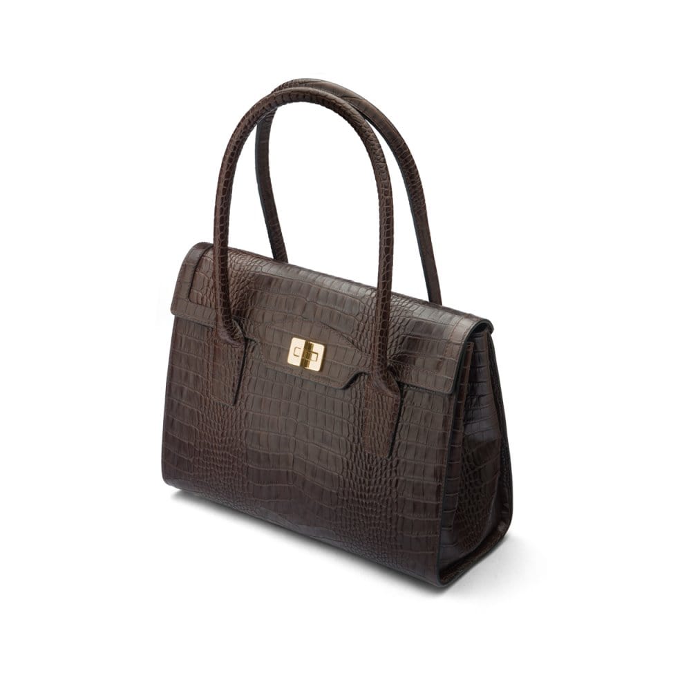 Large leather Morgan bag, brown croc, side view