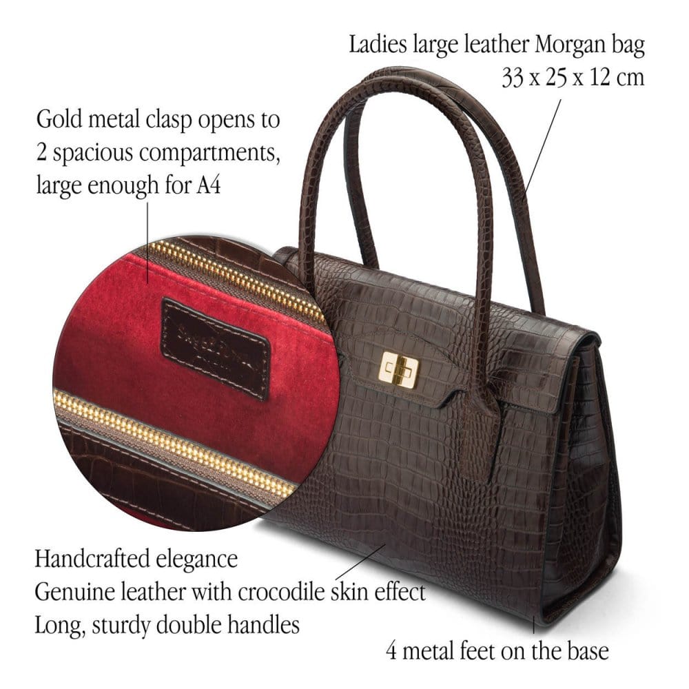 Large leather Morgan bag, brown croc, features