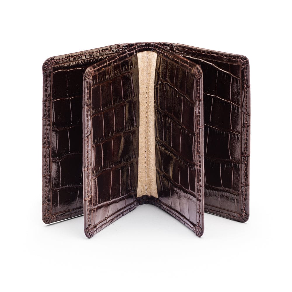 Leather bifold card wallet, brown croc, open