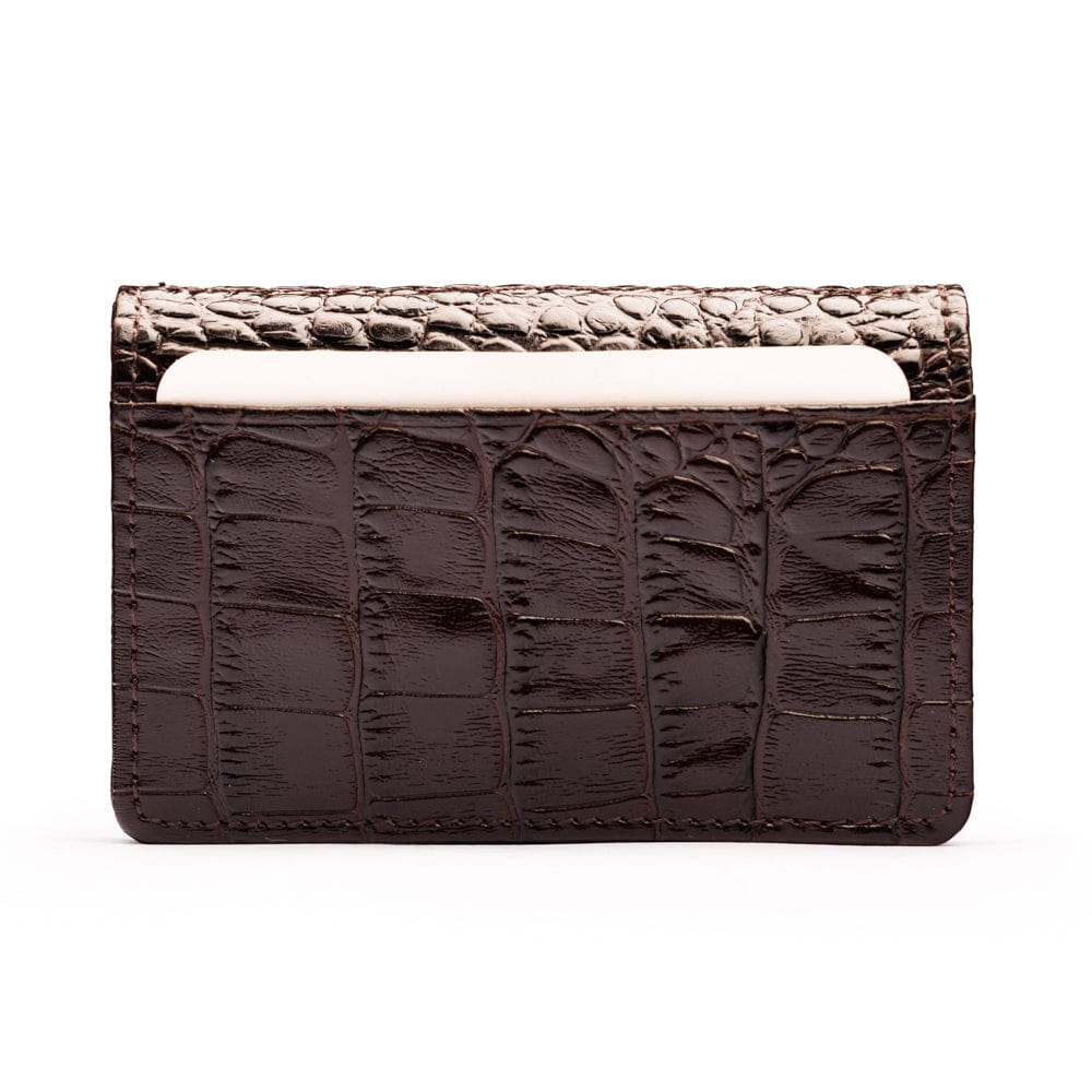 Leather bifold card wallet, brown croc, front view