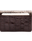 Leather bifold card wallet, brown croc, front view