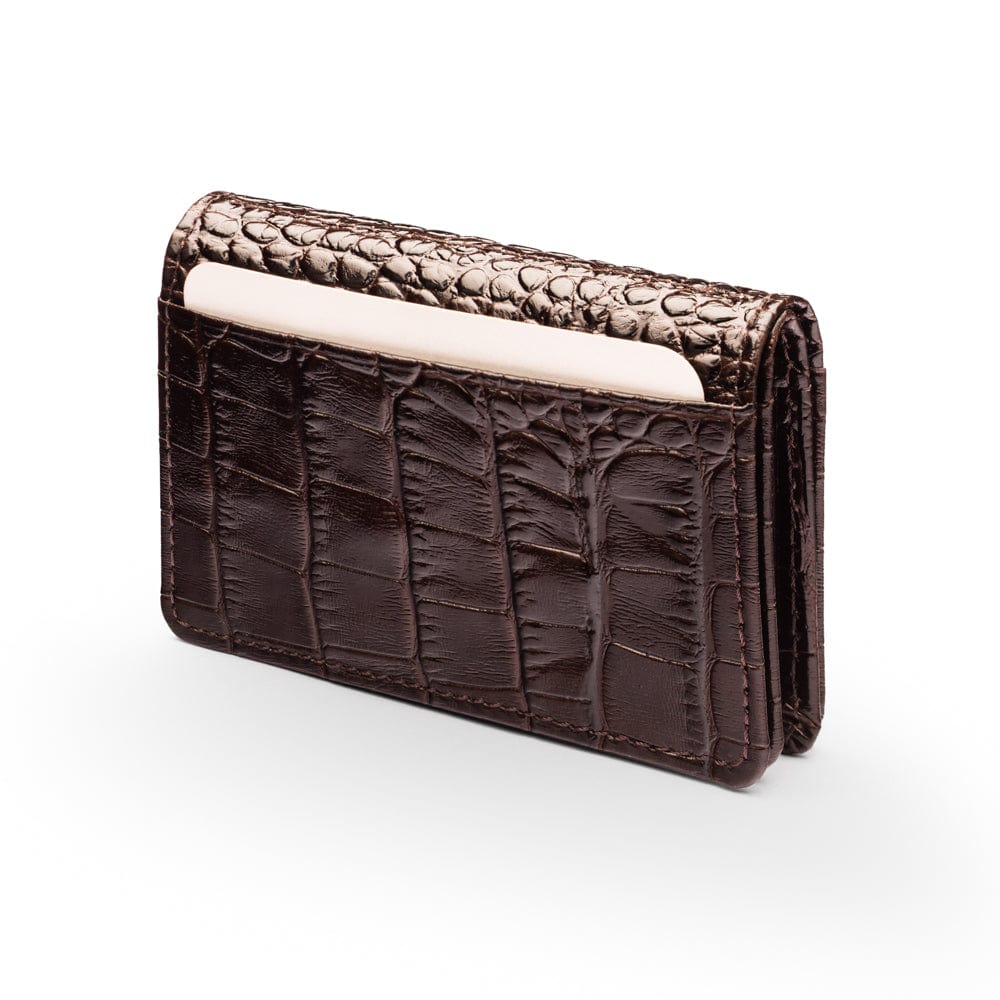 Leather bifold card wallet, brown croc, back