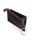 Leather card case with zip coin purse and key chain, brown croc, open