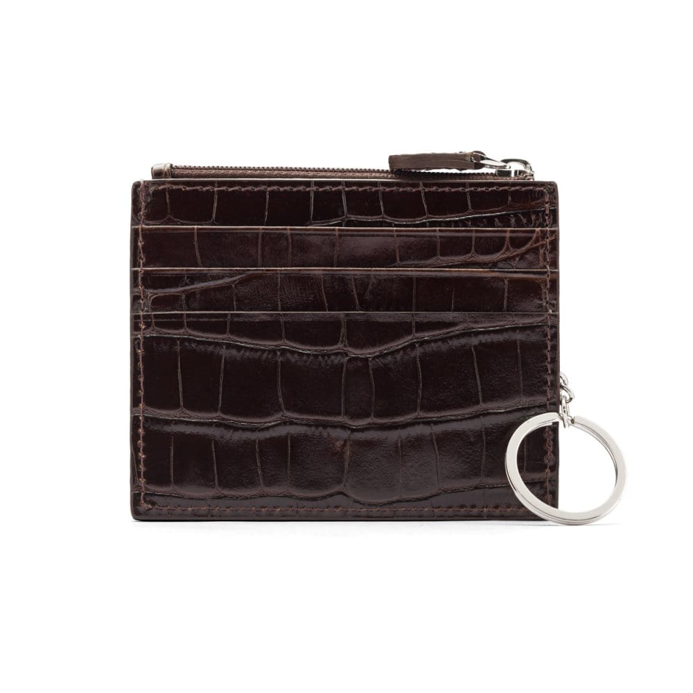 Leather card case with zip coin purse and key chain, brown croc, front