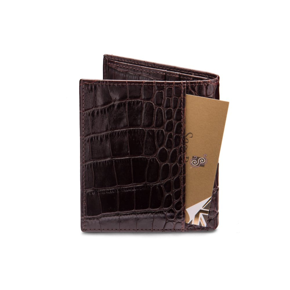 Leather compact billfold wallet 6CC, brown croc, back