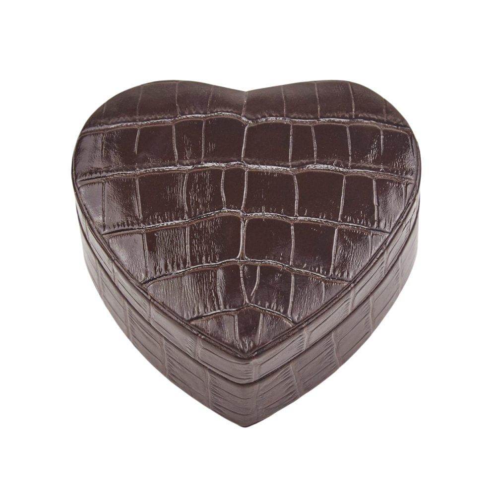 Leather heart shaped jewellery box, brown croc, front