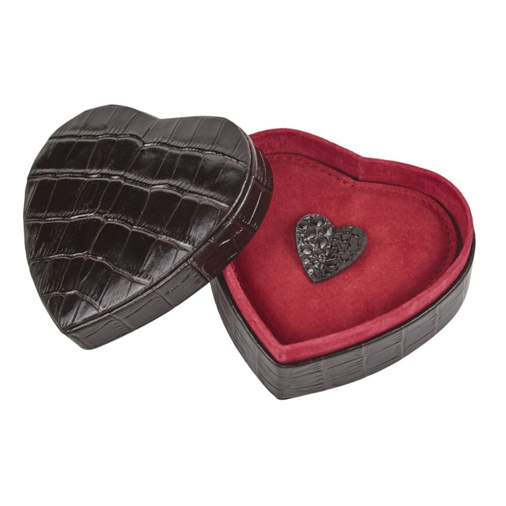 Leather heart shaped jewellery box, brown croc, open
