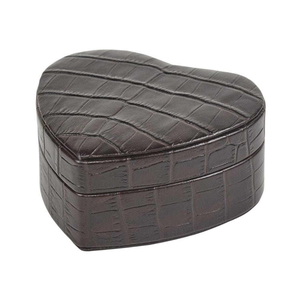 Leather heart shaped jewellery box, brown croc, side