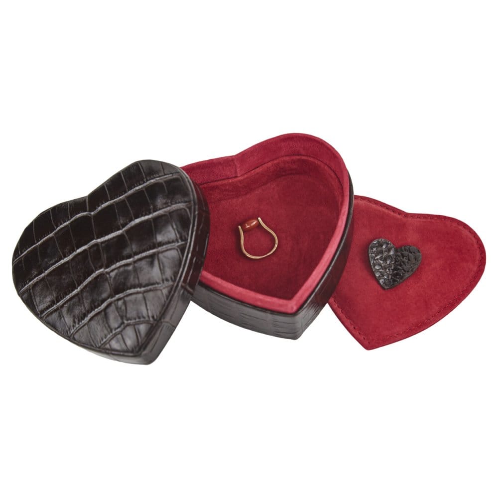 Leather heart shaped jewellery box, brown croc, inside