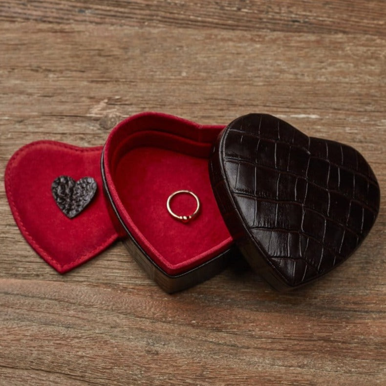 Leather heart shaped jewellery box, brown croc, lifestyle
