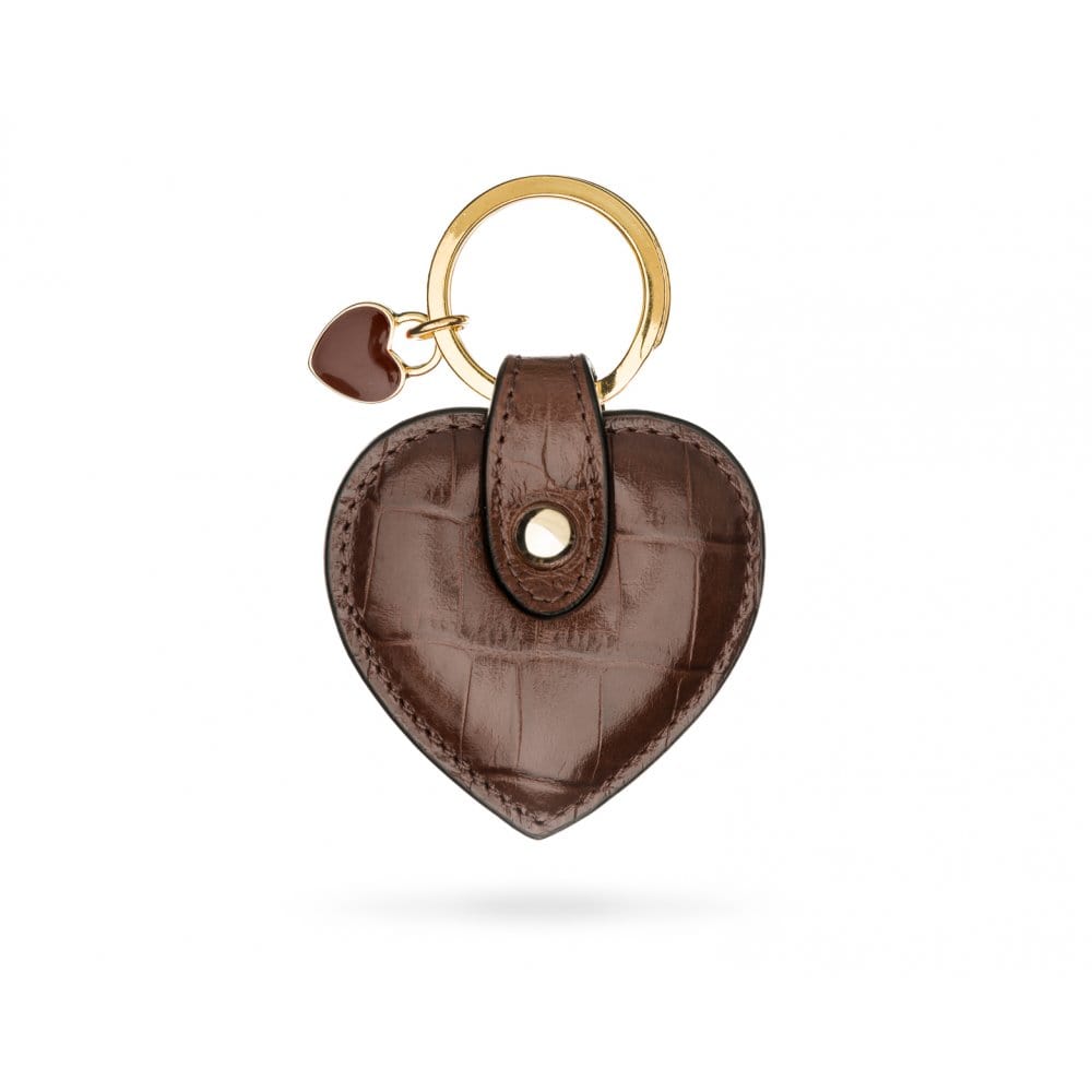 Leather heart shaped key ring, brown croc, front