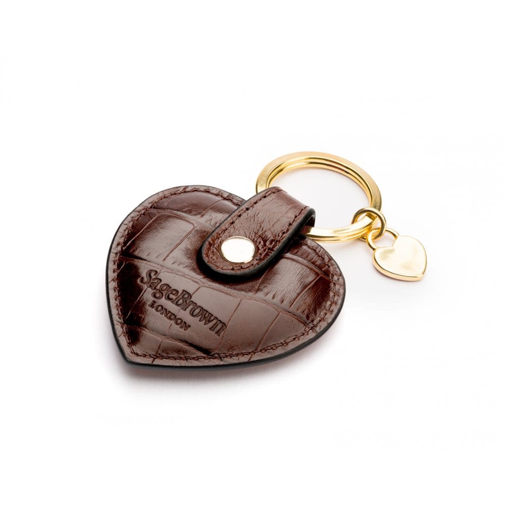 Leather heart shaped key ring, brown croc, back