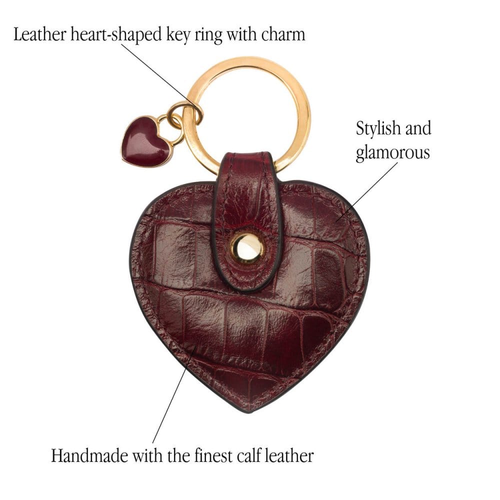 Leather heart shaped key ring, brown croc, features