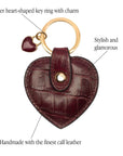 Leather heart shaped key ring, brown croc, features