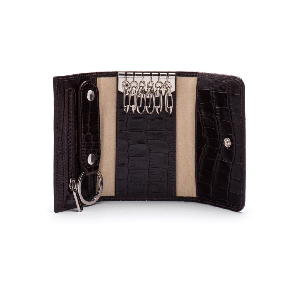 Key wallet with detachable key fob, brown croc, inside