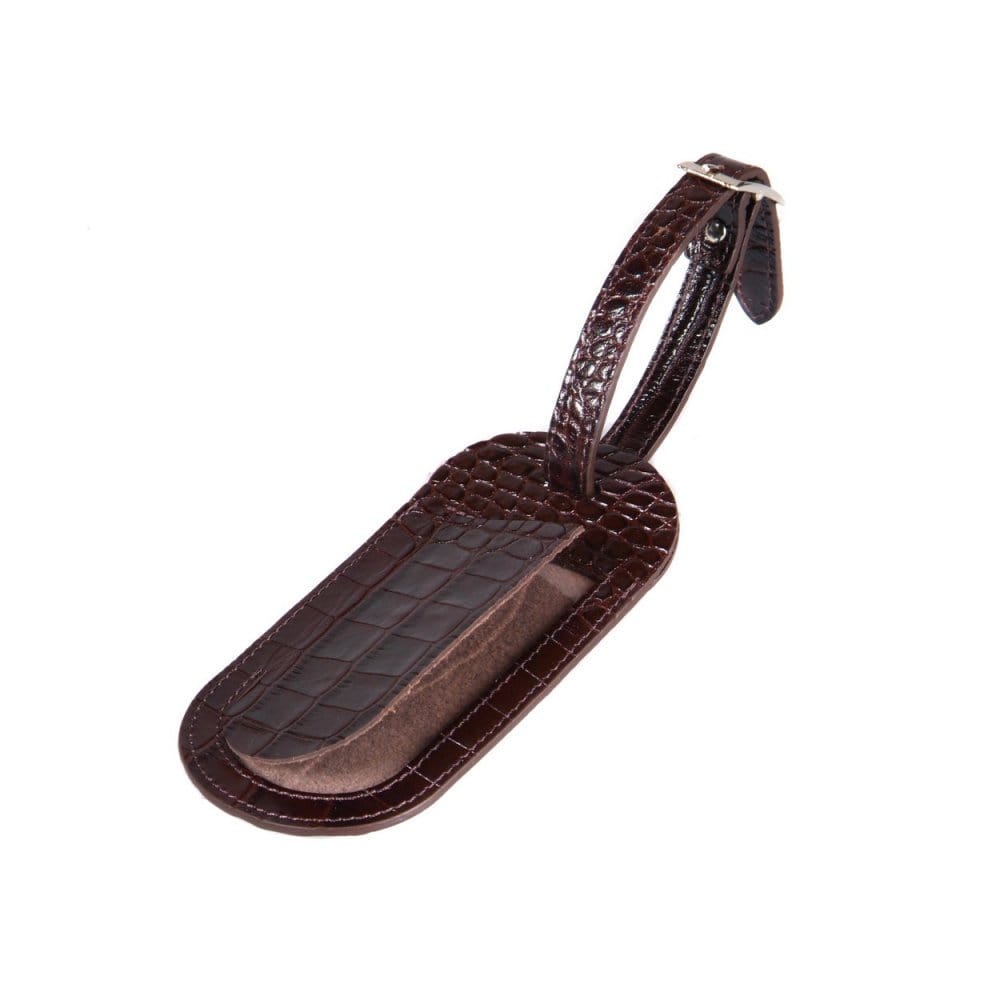 Leather luggage tag, brown croc