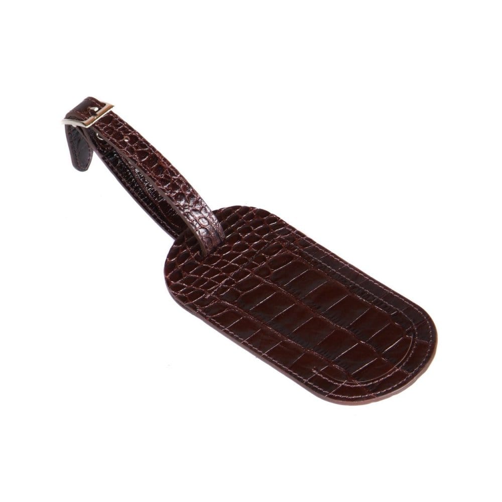 Leather luggage tag, brown croc, front