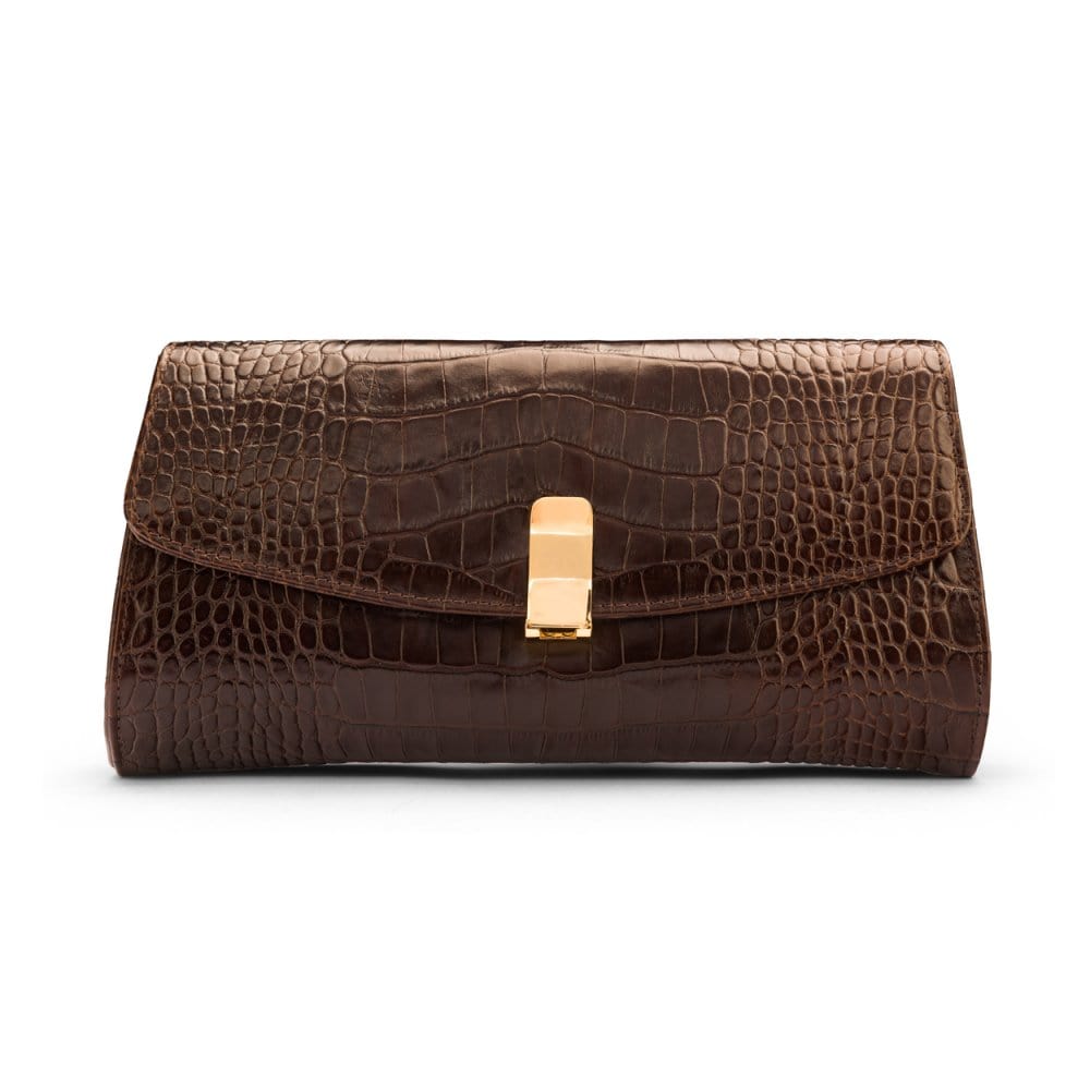 Leather clutch bag, brown croc, front