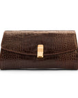 Leather clutch bag, brown croc, front