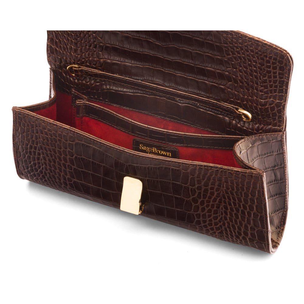 Leather clutch bag, brown croc, inside view