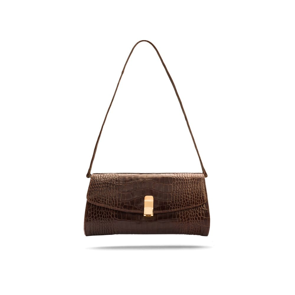Leather clutch bag, brown croc, with short strap