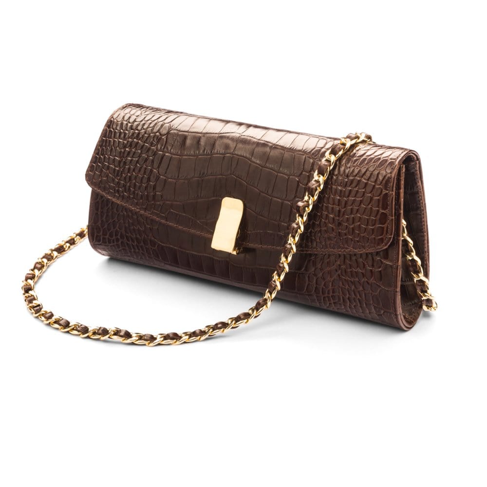 Leather clutch bag, brown croc, with chain strap
