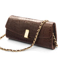 Leather clutch bag, brown croc, with chain strap