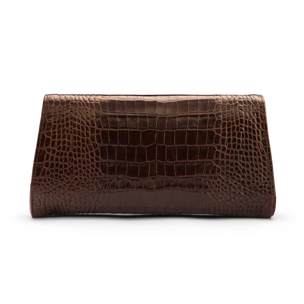 Leather clutch bag, brown croc, back view