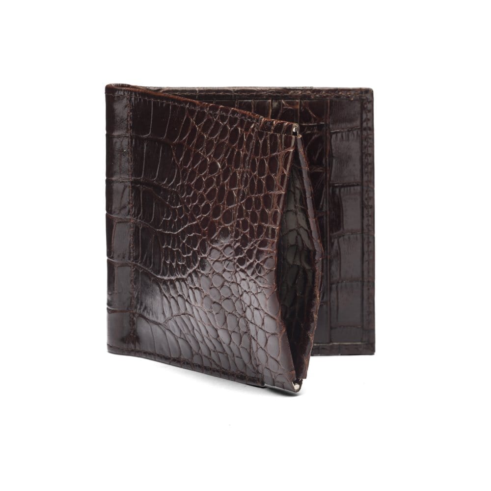 Leather money clip wallet with coin purse, brown croc, front