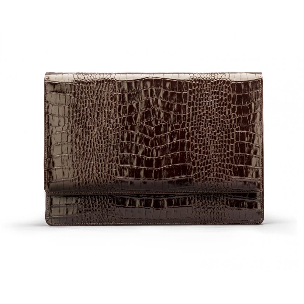 Small leather A4 portfolio case, brown croc, front