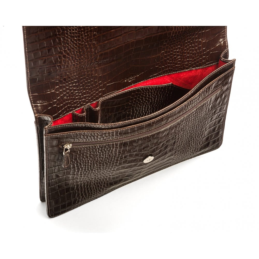 Small leather A4 portfolio case, brown croc, inside