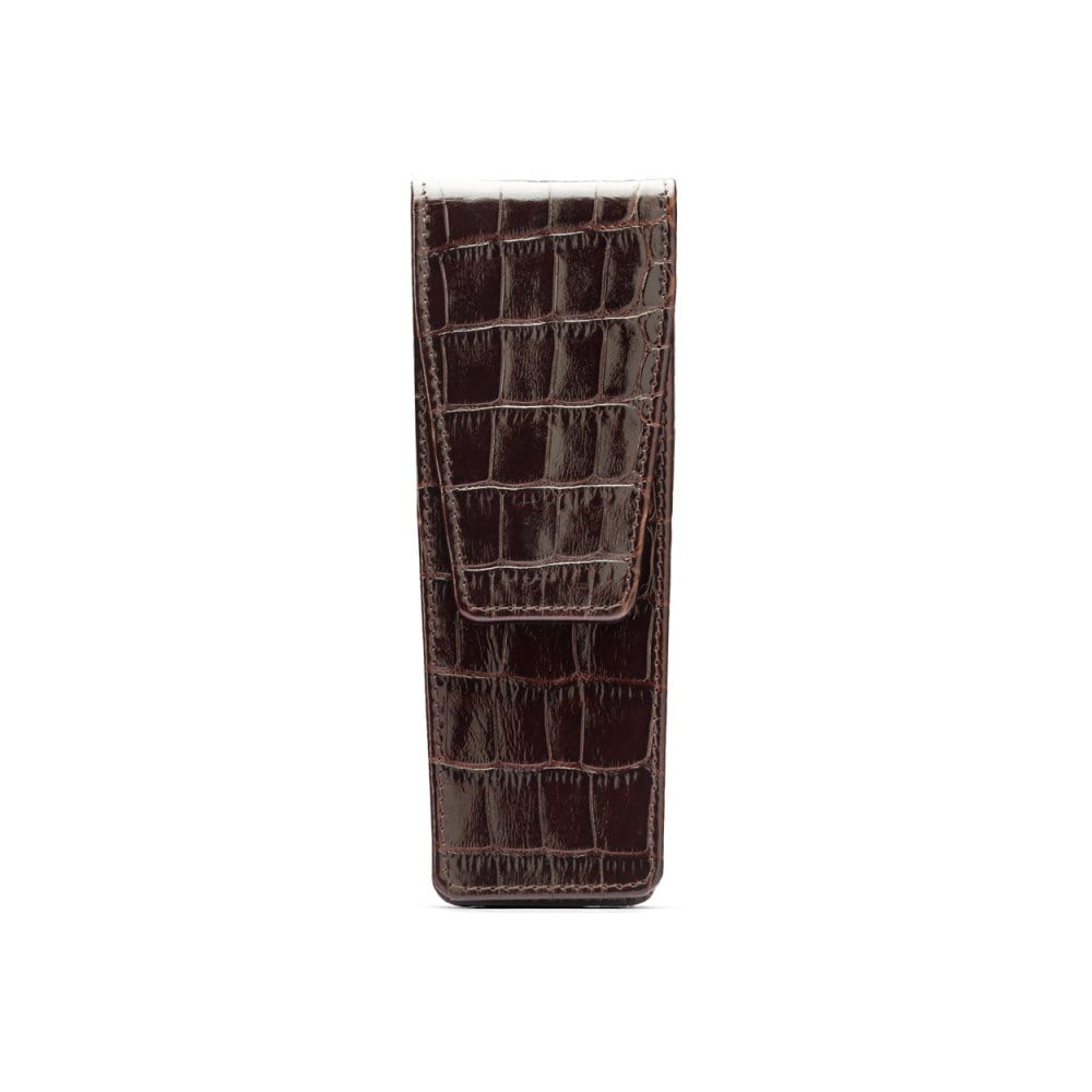 Leather pen case, brown croc, front