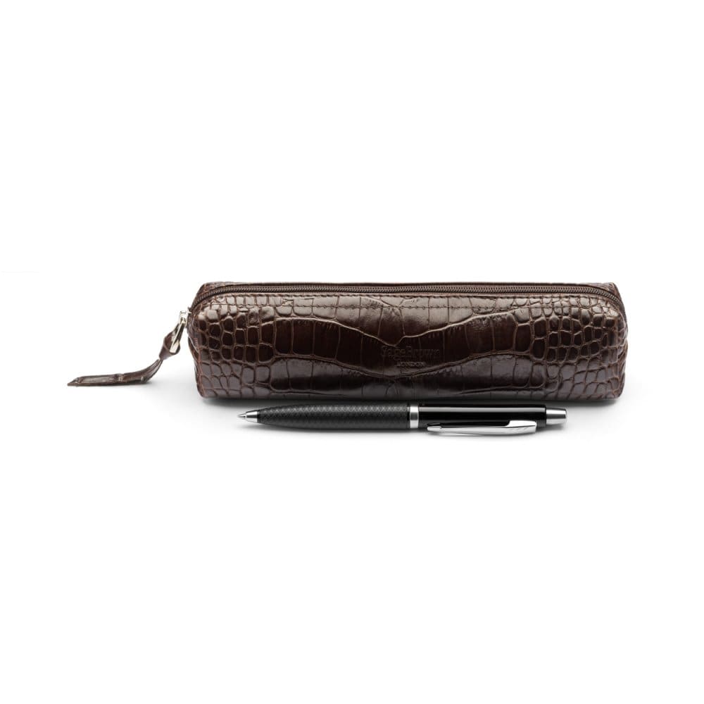 Leather pencil case, brown croc, front