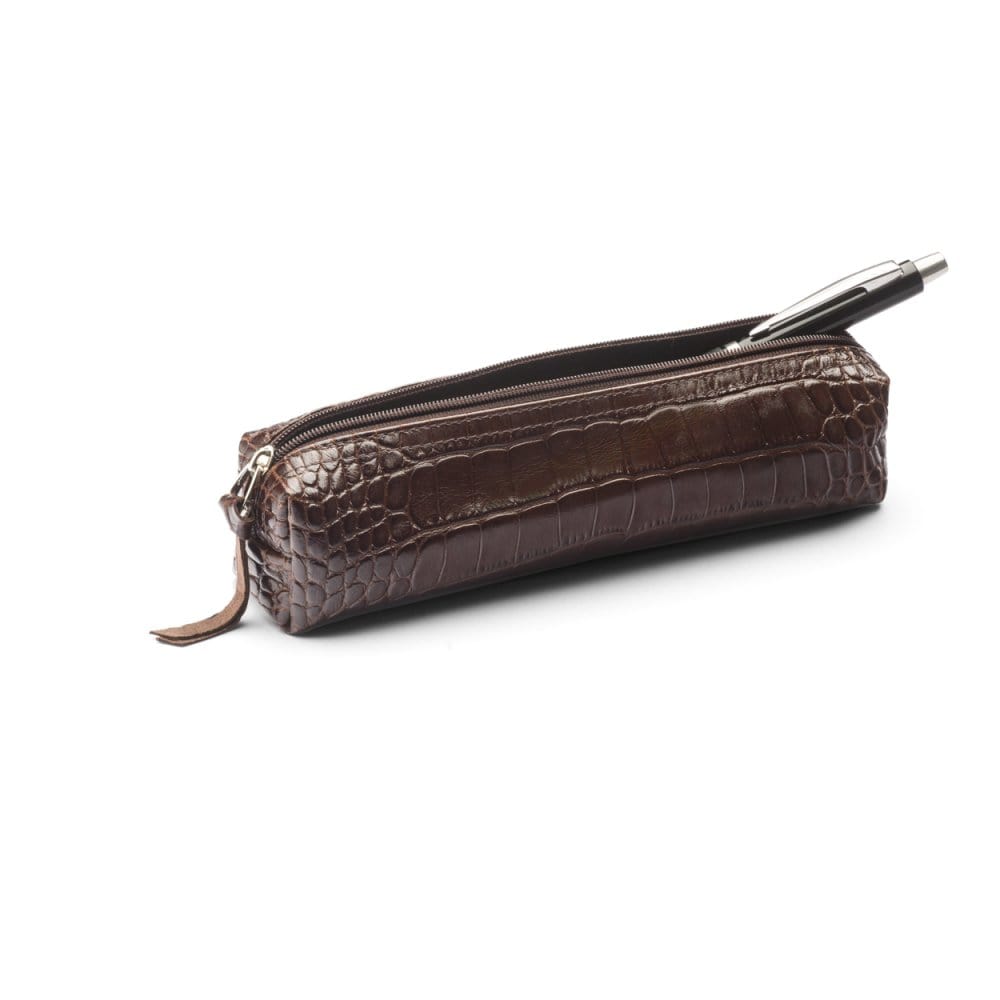 Leather pencil case, brown croc, open