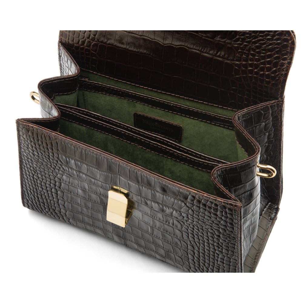 Leather top handle bag, brown croc, inside