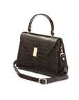 Leather top handle bag, brown croc, side