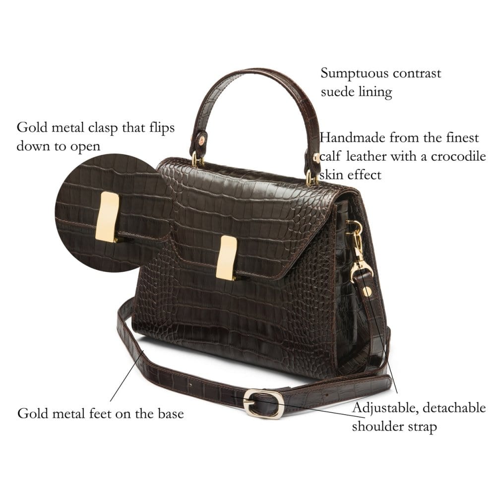 Leather top handle bag, brown croc, features