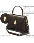 Leather top handle bag, brown croc, features