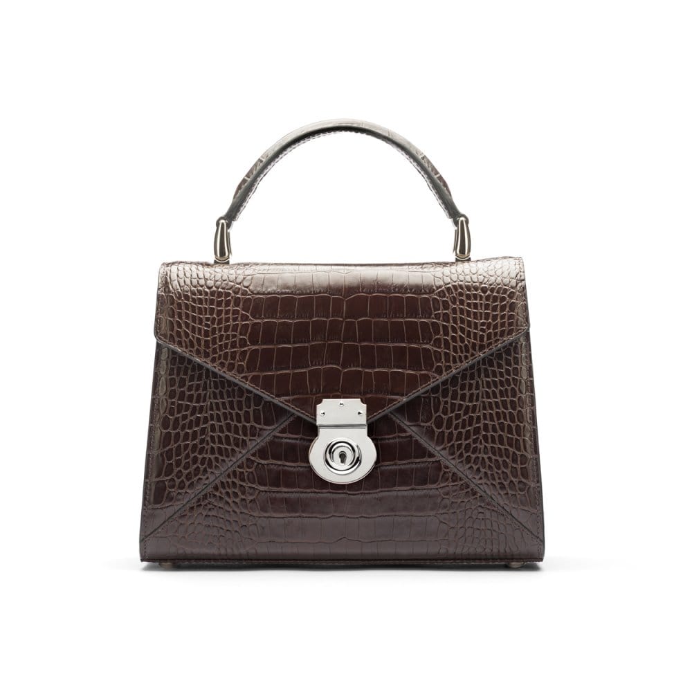 Leather top handle bag, Burnett bag, brown croc