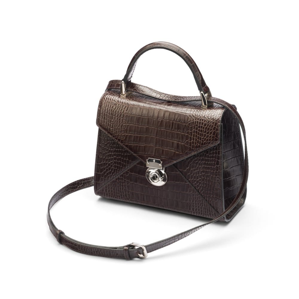 Leather top handle bag, Burnett bag, brown croc, with shoulder strap
