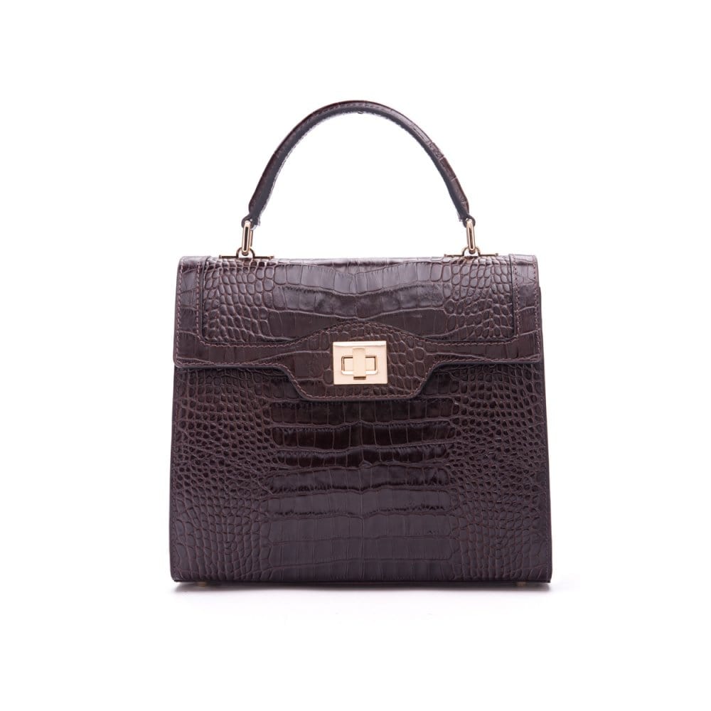 Leather signature Morgan bag, brown croc, front view