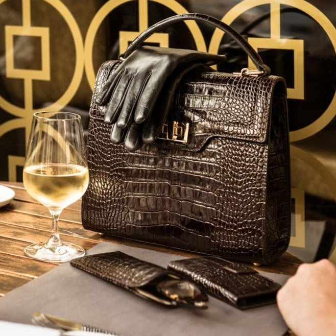 Leather signature Morgan bag, brown croc, lifestyle